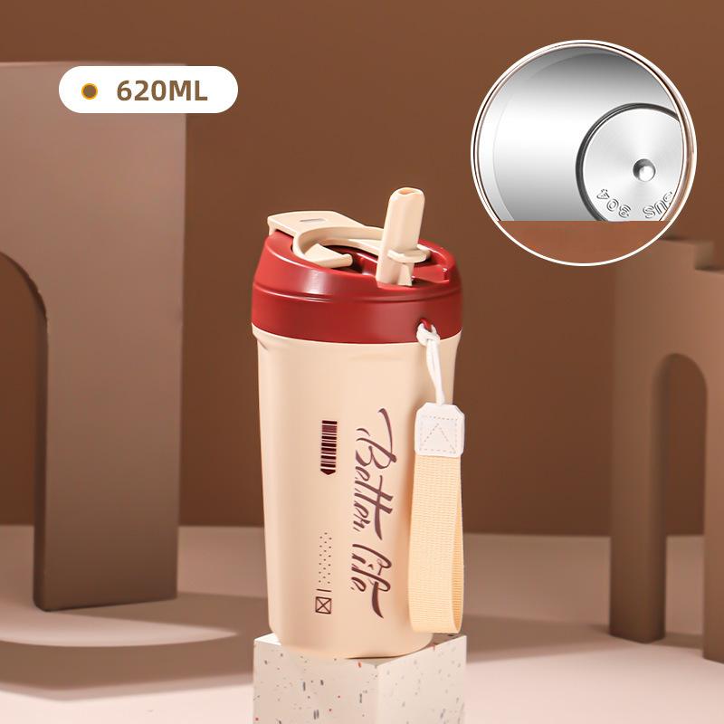 620ml Stainless Steel Vacuum Flask with Retractable Straw Leak-Proof Coffee Tea Cold Drink Bottle Car Thermos Mug