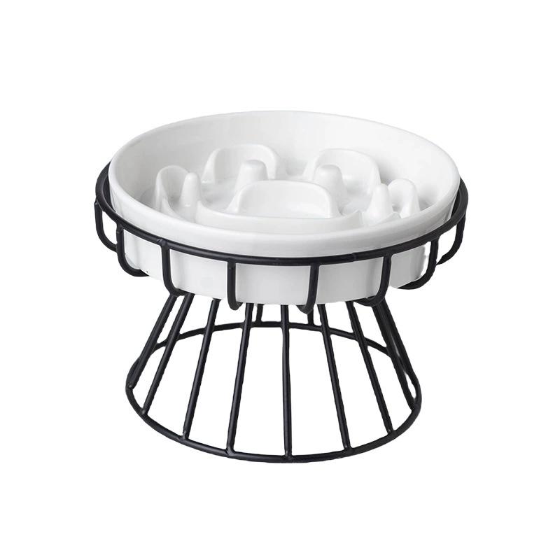Elevated Ceramic Slow Feeder Bowl for Dogs Cats, Anti-Choking Maze Bowl with Iron Stand, Non-Slip Pet Food Bowl