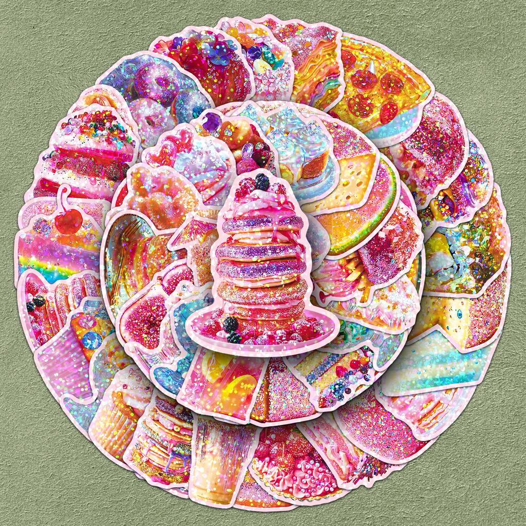 50 Laser Overload Sweetness Stickers: Colorful Dessert & Cake Flash Point Epoxy Stickers
