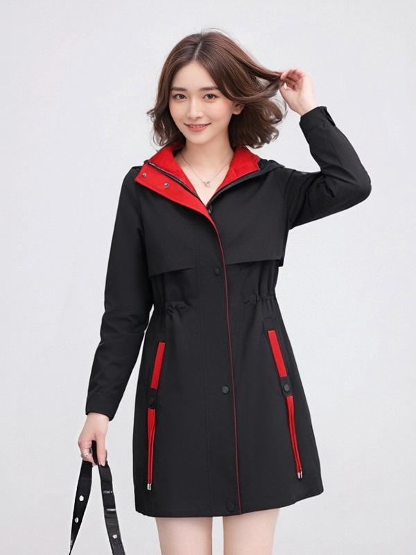 Dámsky dlhý trenčkot s kapucňou nadmernej veľkosti - Kórejský štýl 2024, Jesenný ležérny, Zoštíhľujúci, Všestranný vrchný odev