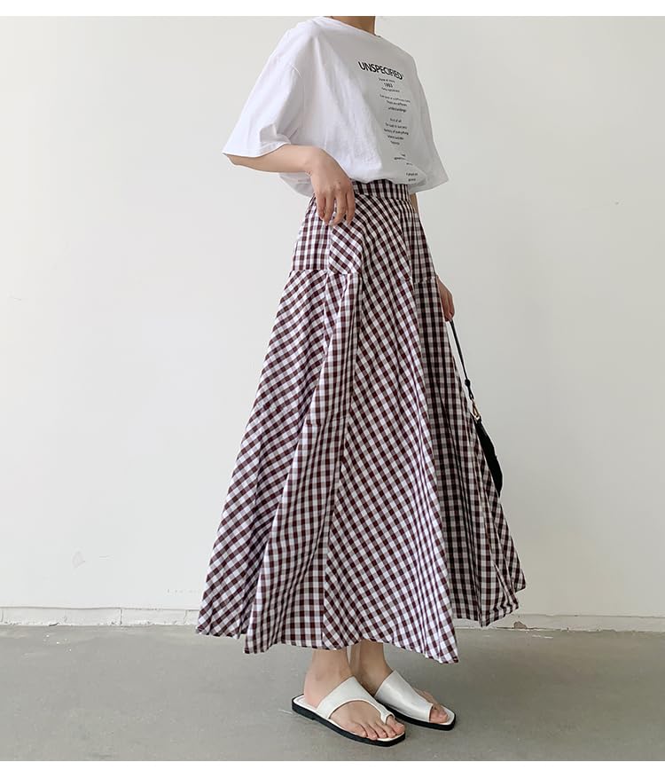 Long Frill High Checkered Elastic Office Multiple Colors [JINJUDUO] Women's A-Line Skirt, Waist, Pattern, Waistband, 100% Cotton, Cute, Casual,