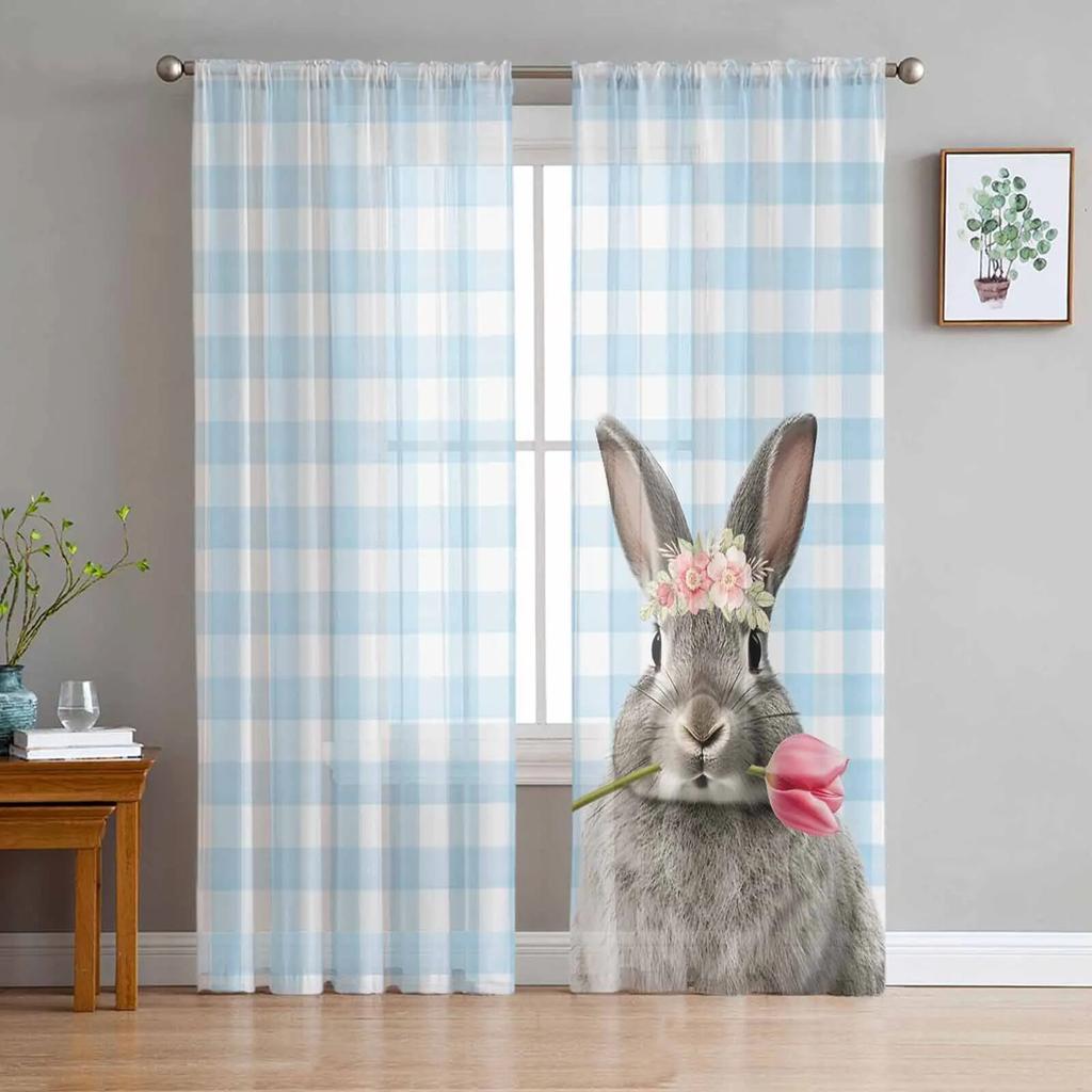 Easter Bunny Plaid Tulips Sheer Curtains For Living Room Kitchen Window Curtains Bedroom Tulle Voile Curtains