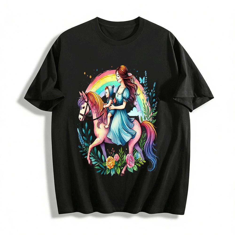 

Dreamy Rainbow Horse Riding Parent-Child Print Casual Top Pure cotton T-shirt XXS