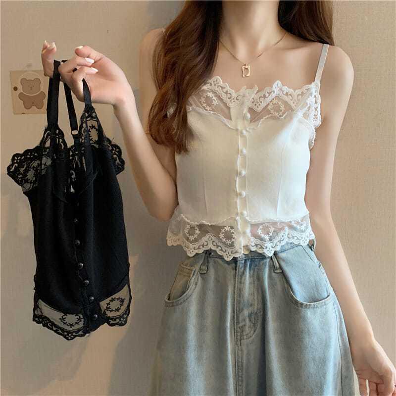 Korean-French Lace Patchwork Knit Camisole - Women's Trendy High Waist Short Top (Summer 2026)