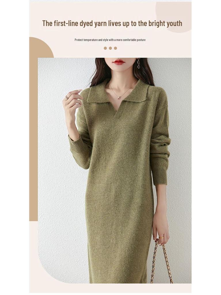Women's Thickened Wool Polo Neck Long Dress - Autumn/Winter Loose Knit Base Layer 