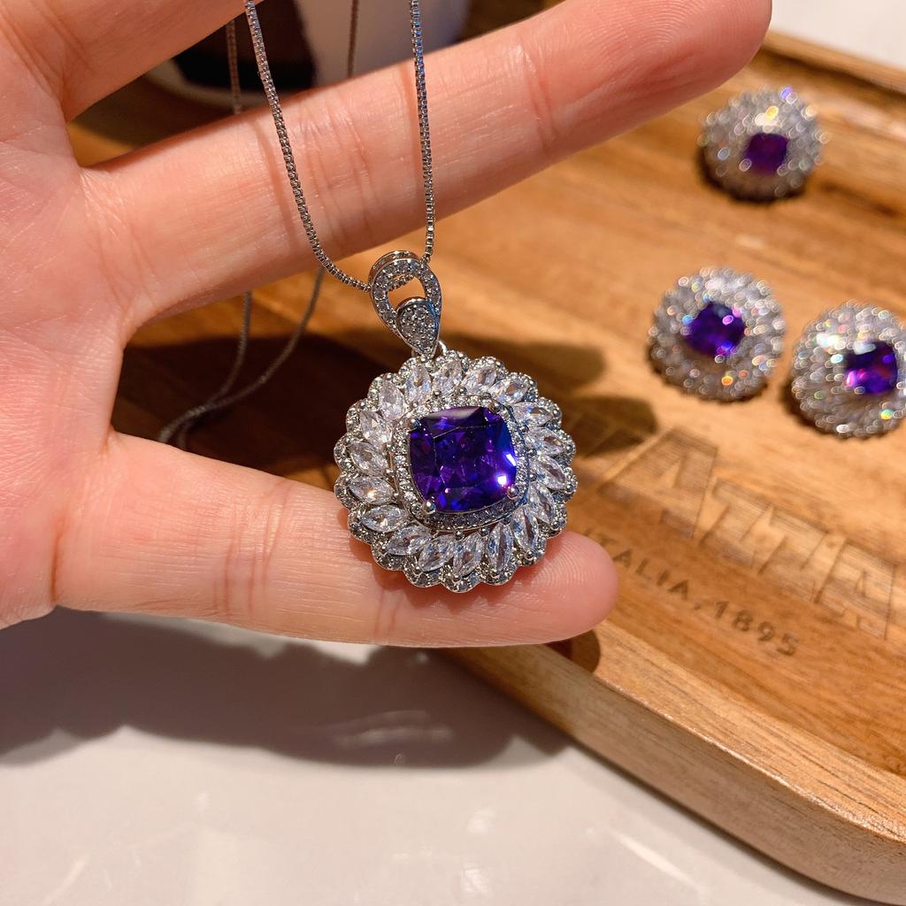 Jewelry Retro Imitation Pigeon Purple Blue Zirconium Square Luxury Inlaid Pendant Earrings Ring Jewelry Set