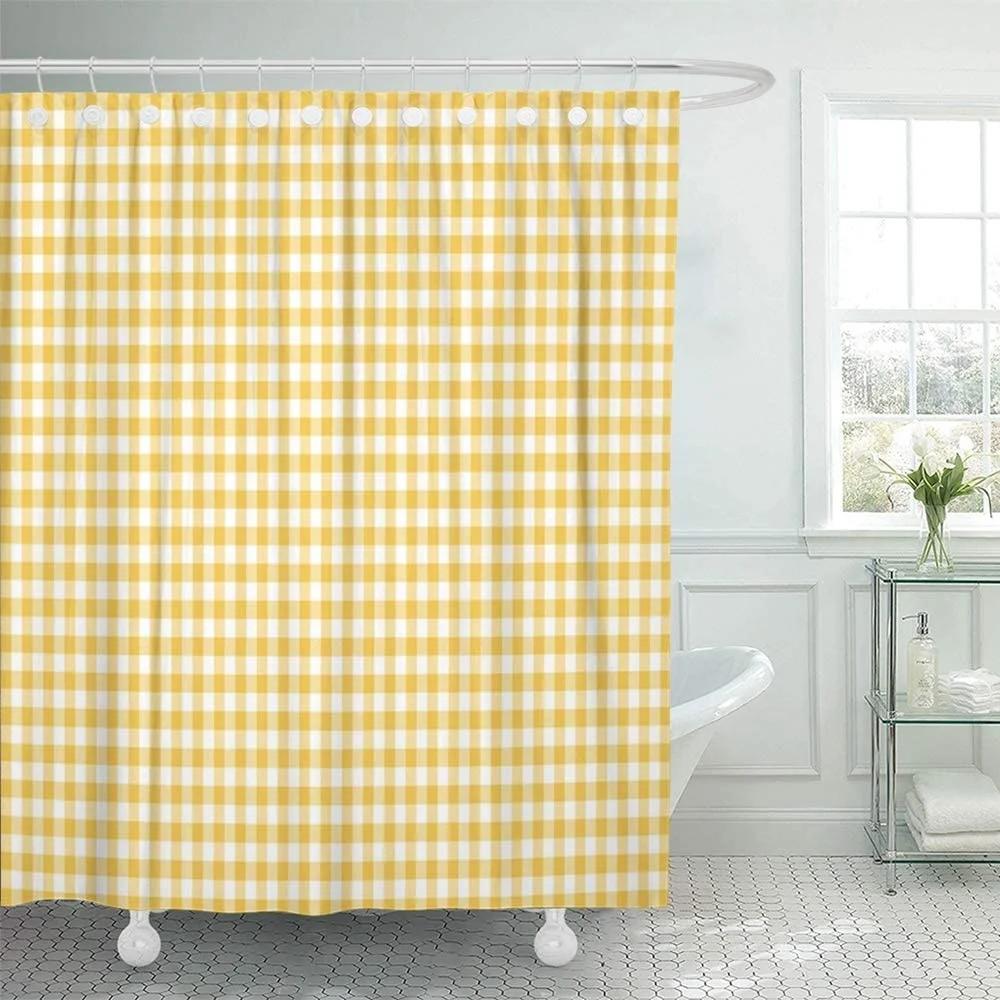 Tende da Doccia a Griglia Geometrica Set Tessuto in Poliestere Gingham Giallo Arte Astratta Colorata Decorazioni per Bagno Tende Con Ganci
