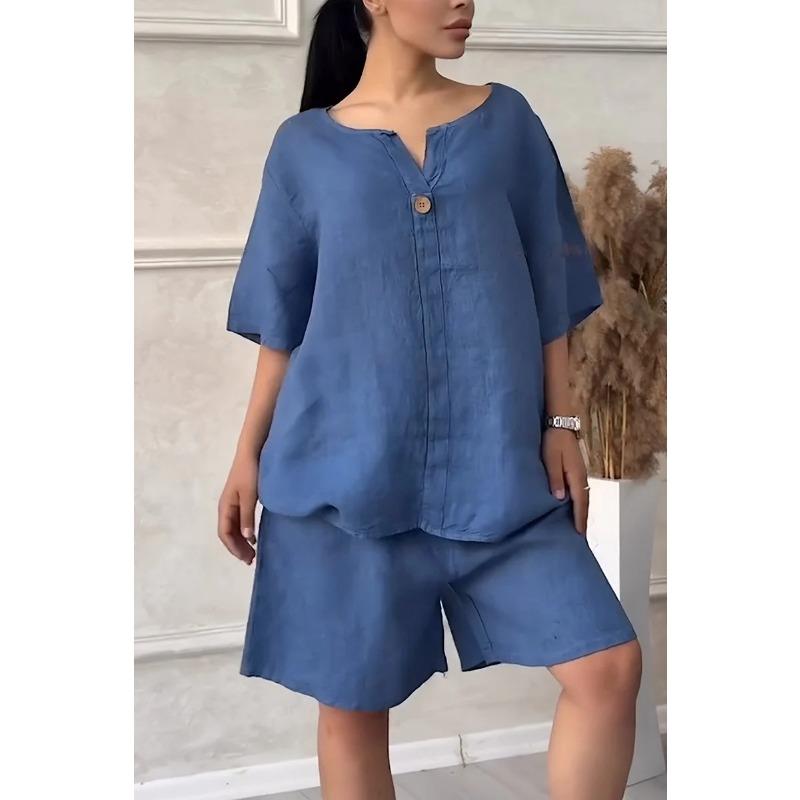 

Летний женский костюм-рубашка больших размеров с высокой талией, свободные шорты, костюм 3XL сапфир синий