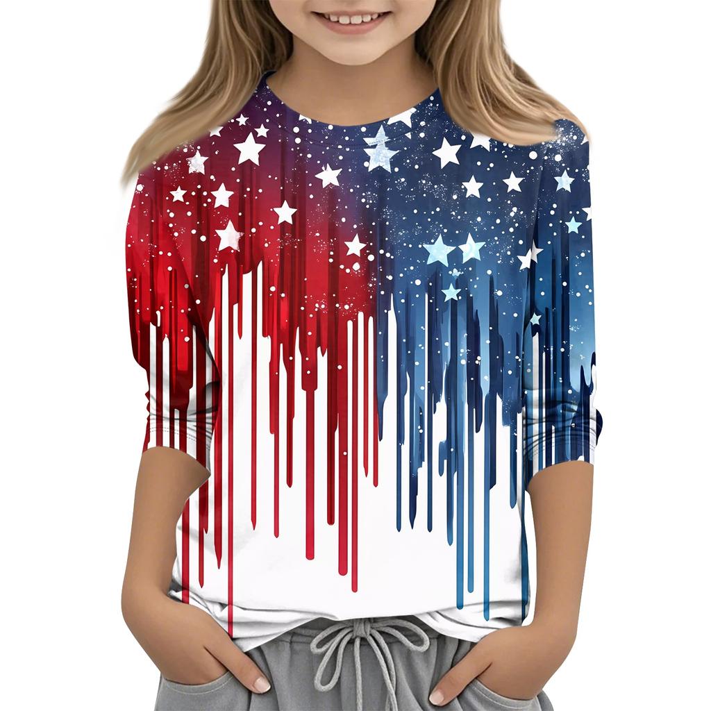 Children's 3/4 Sleeve Tops Casual Print T Shirt Round Neck Pullover Blouse