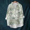 Women's Loose Ruffled Retro Floral Print Stand Collar Long Sleeve Cotton And Linen Top