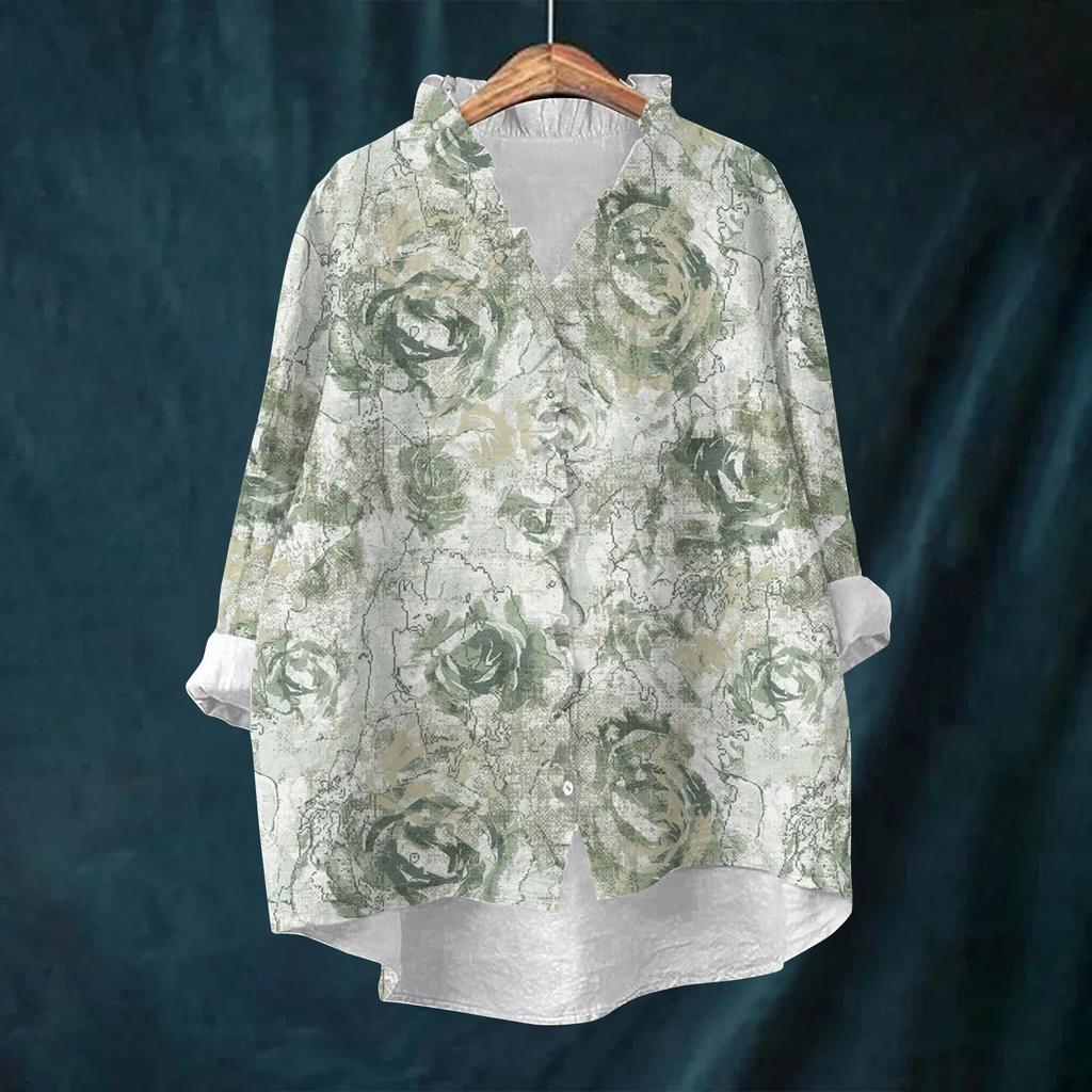 Women's Loose Ruffled Retro Floral Print Stand Collar Long Sleeve Cotton And Linen Top