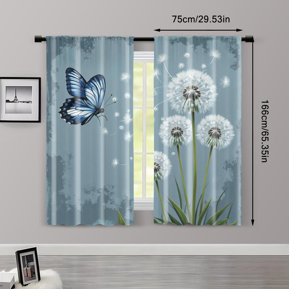 2pcs   Fashionable Curtains Depicting Sky Blue   Gray Dandelions and Butterflies Fabric (without Rod) Gifts Perfect for Bedroom &