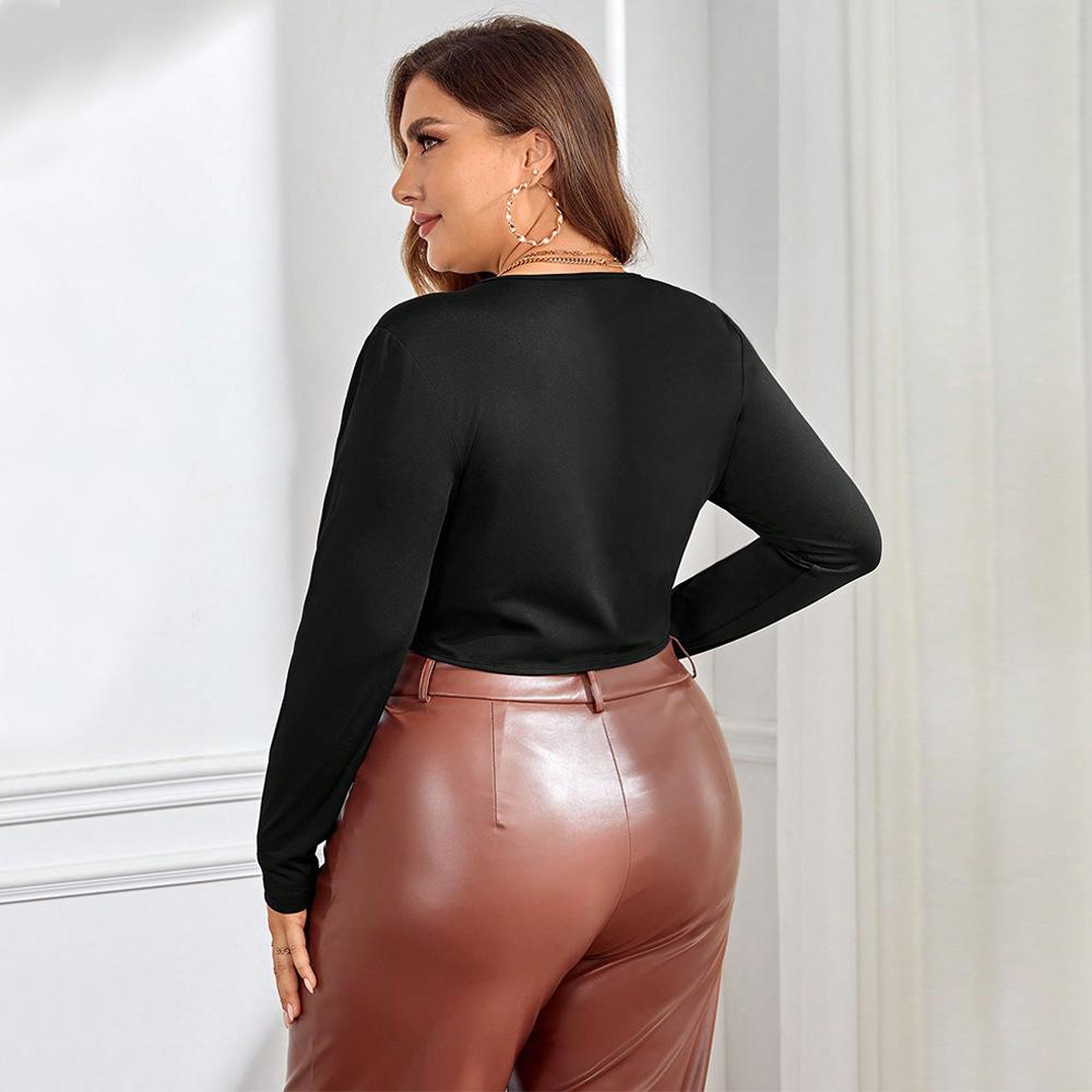 European and American large-size women's clothing, black long-sleeved tight-fitting, sexy and chic short open-button bottomed shirt and top.