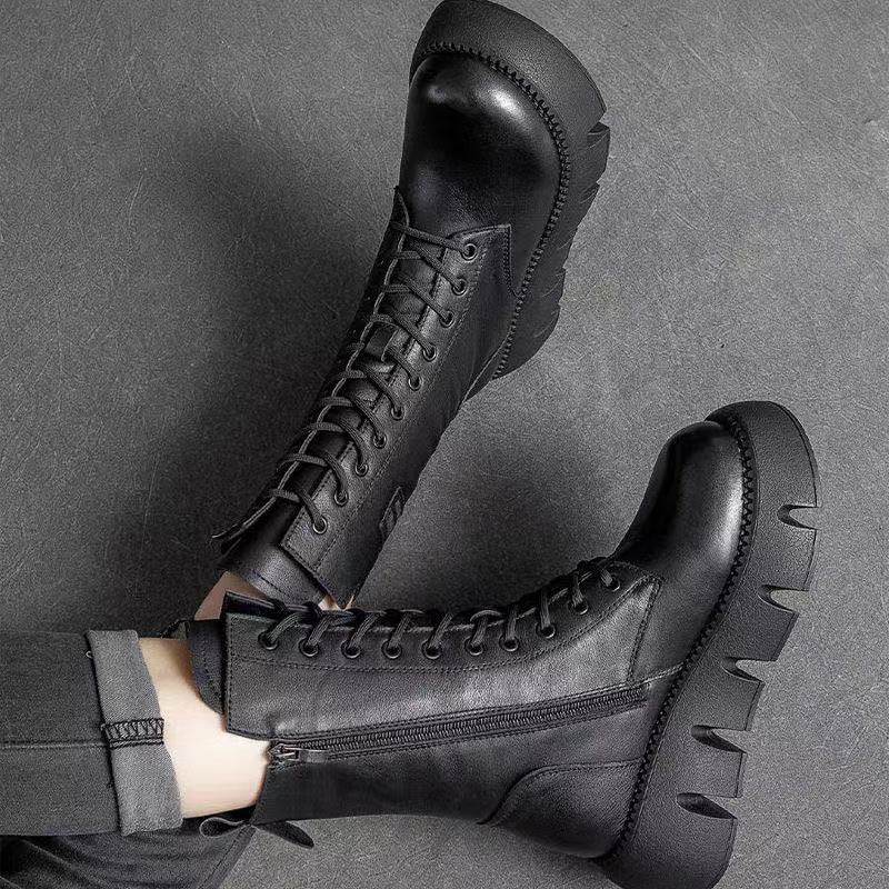 Autumn and winter soft leather comfortable thick-soled British Martin boots women's fashion medium tube single boots trendy velvet thickened warm cot