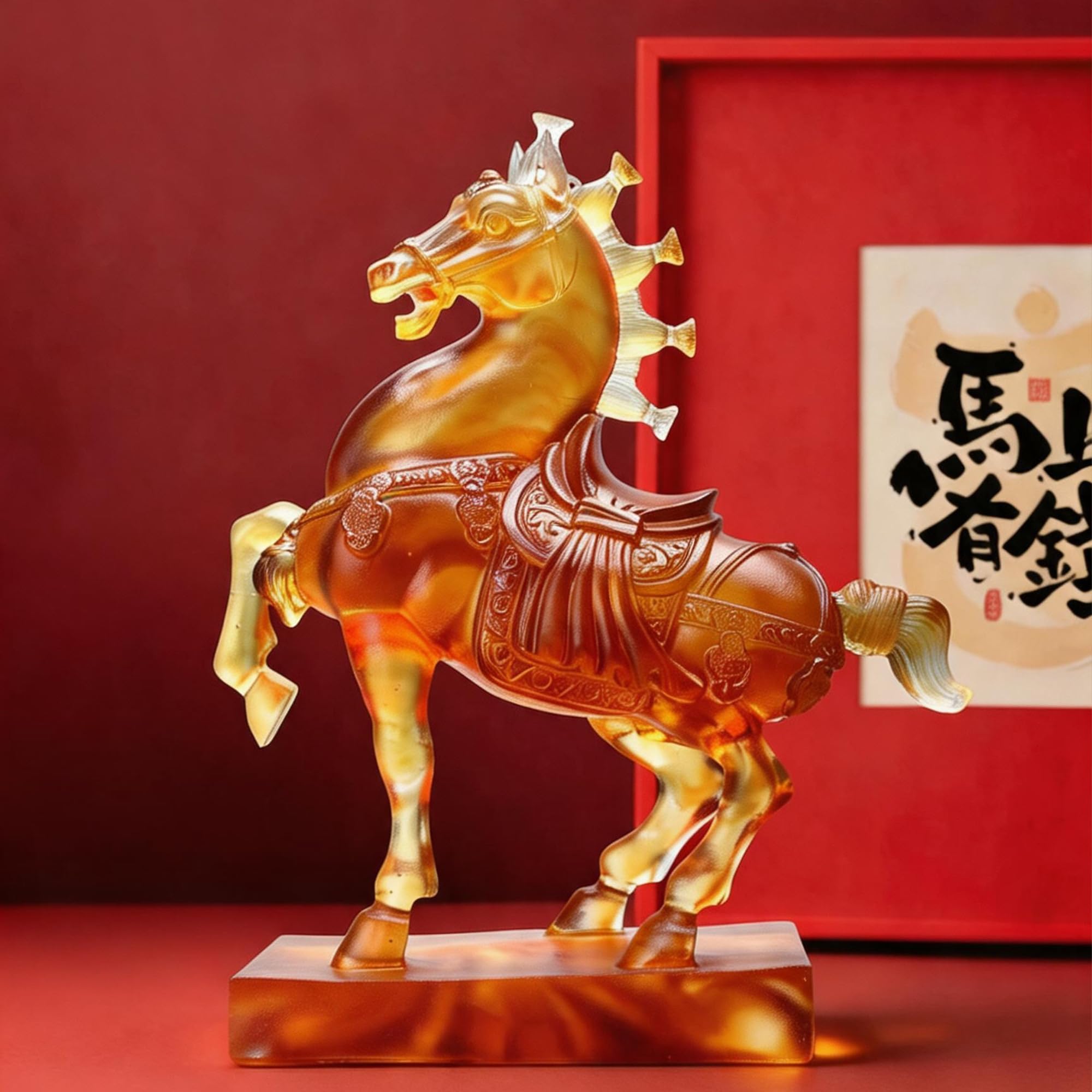 Aris & Juno Galloping LIULI Horse Sculpture, Handcrafted Traditional LIULI Art Decor with Amber Tang Dynasty Horse Design on Coordinated Base, coloful