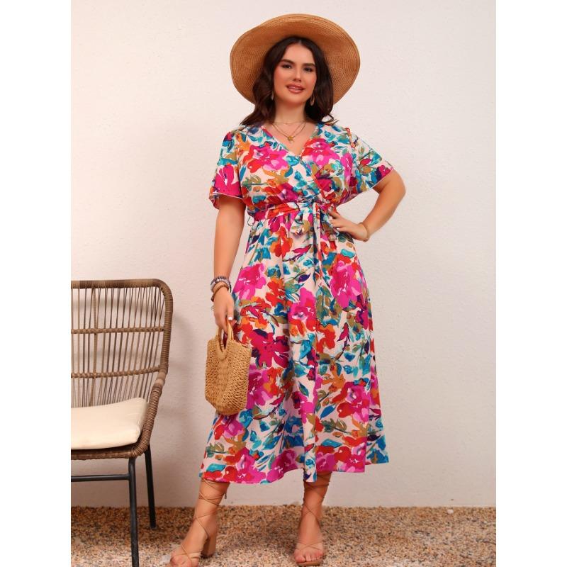 Waist-slimming Lace-up A-line Floral Dress