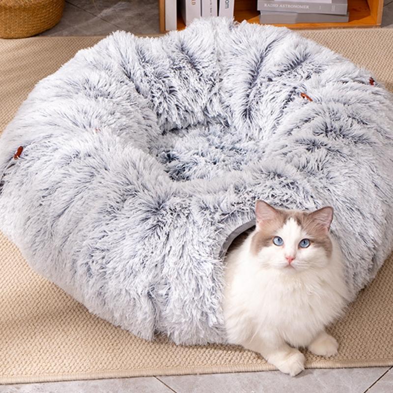 Soft Plush Foldable Cats Bed Tunnel with Space Saving Providing Warmth and Entertainment for Cats Indoor or Outdoors