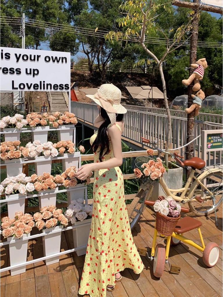 2025 Sommer Retro Französisch Gelb Floral Meerjungfrau Maxikleid