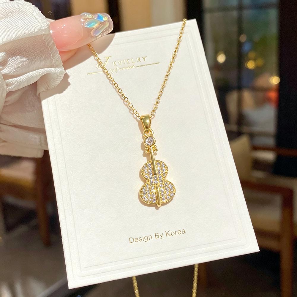 Elegant Titanium Steel Violin Necklace for Women with Zircon Stones - Versatile Fashion Jewelry