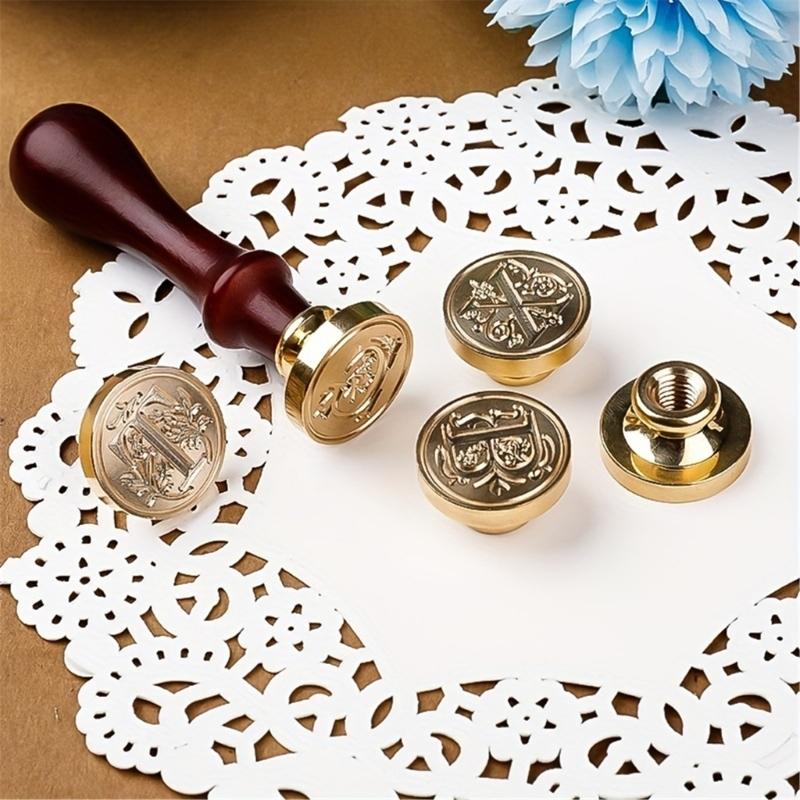 Sealing Wax Stamp Coppers Seals + 1Piece Wood Handle,Vintage Wax Seal Stamp Set for Envelops,Cards,Gift Wrappings