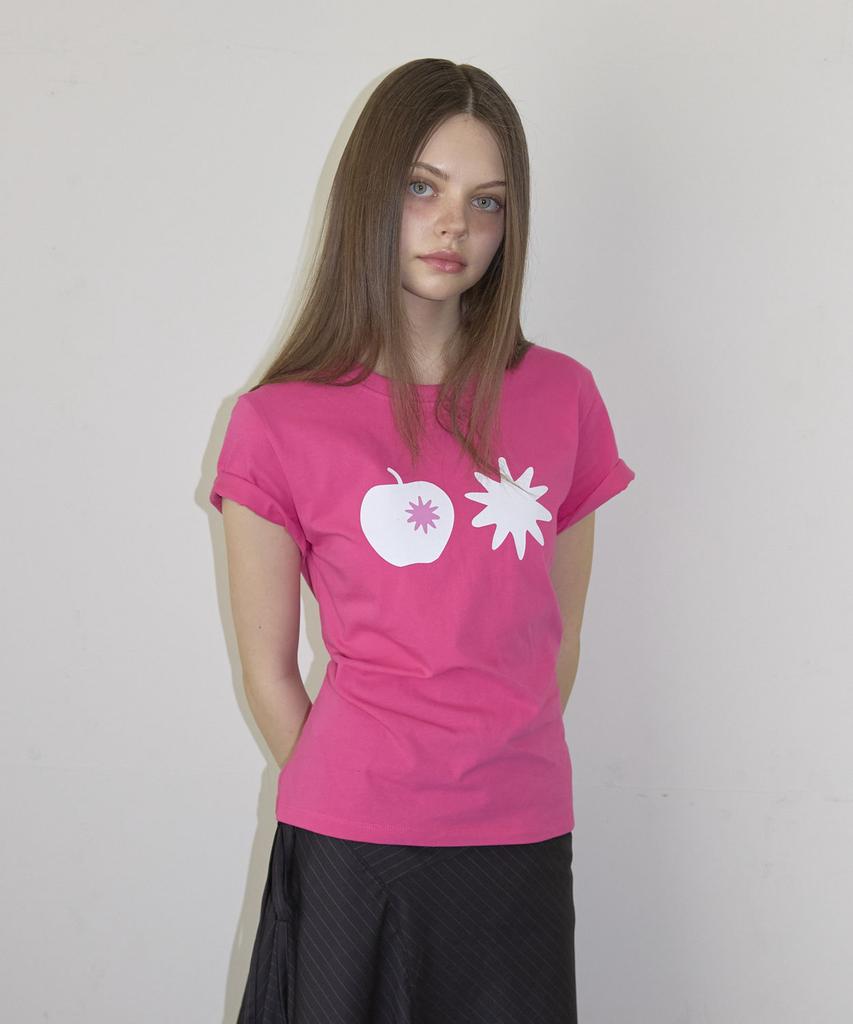 Nyuyogwogseu Apple Print Short Sleeve T-Shirt_Hot Pink
