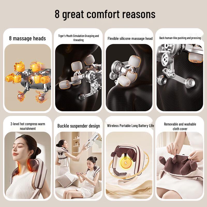 Aux 8-Head Rechargeable Neck and Shoulder Massager with Heat CN plug (adapter included)