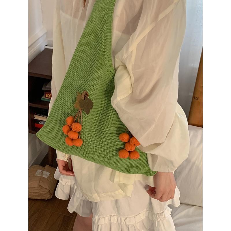 

Niche fashion wool knitted bag women s new literary cherry tote bag large-capacity woven shoulder bag