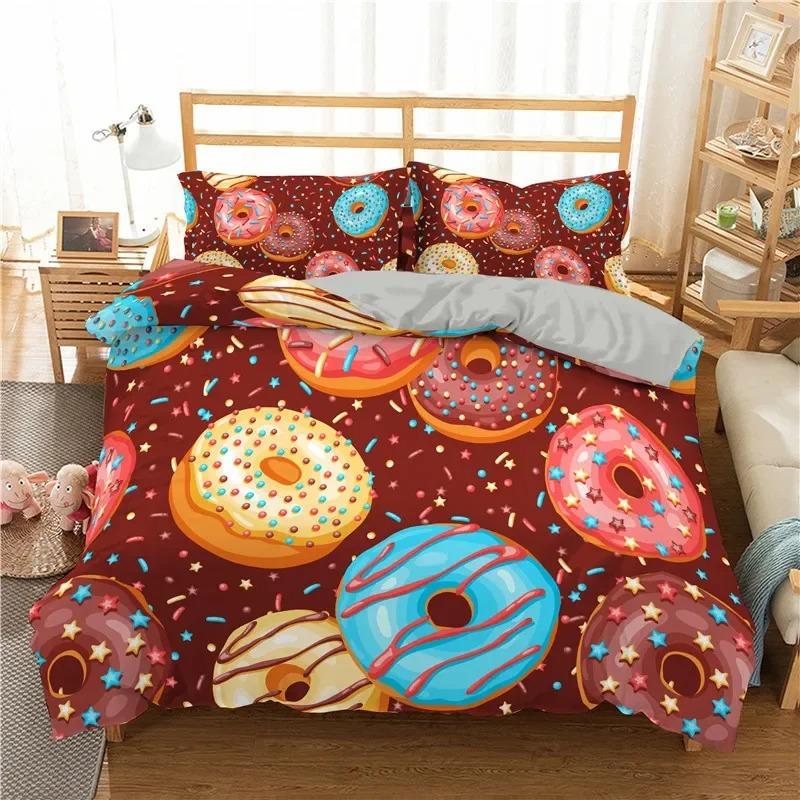 Colorful Donut King Size Duvet Cover Cartoon Sweet Chocolate Dessert Bedding Set for Kids Girl Food Polyester Quilt Cover