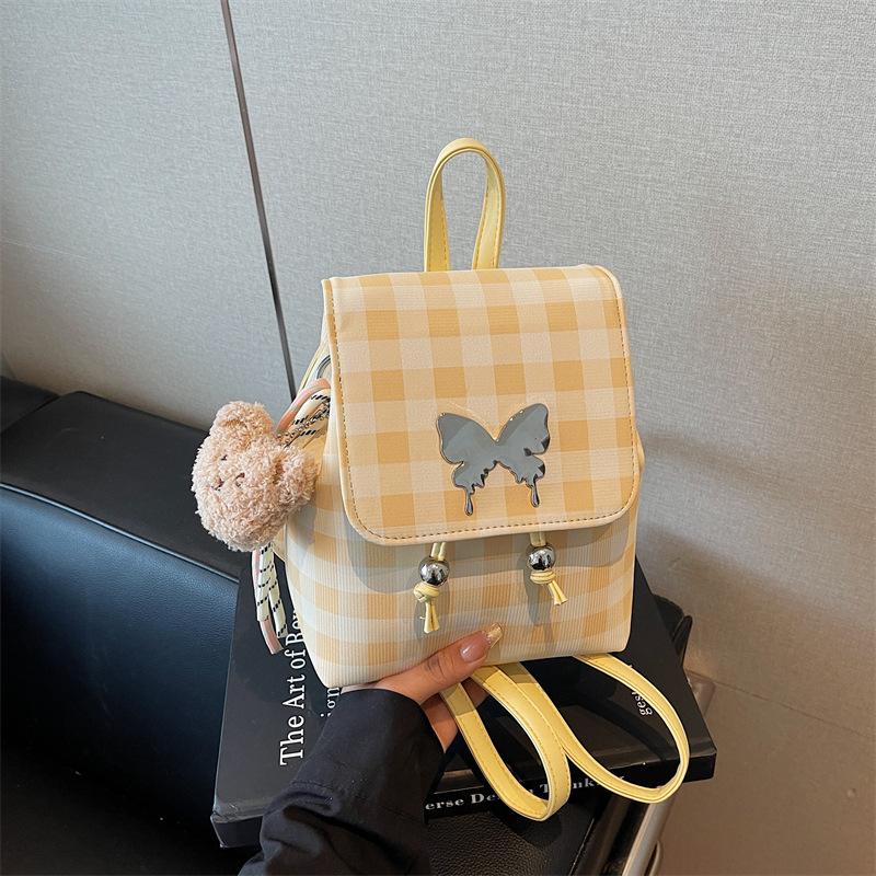 College Plaid Backpack Women's Casual Niche Design Butterfly Backpack Premium Handbag