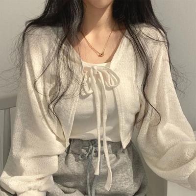 Weiß Gestrickte Strickjacke Frauen Sommer Dünne Sonnencreme Spitze-Up Strickwaren Tops Weiblichen Koreanischen Stil Laterne Hülse Kurzen Mantel