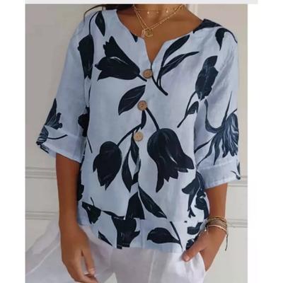Women V Neck Shirt Casual Loose Floral Printed Blouse Spring Summer Tops