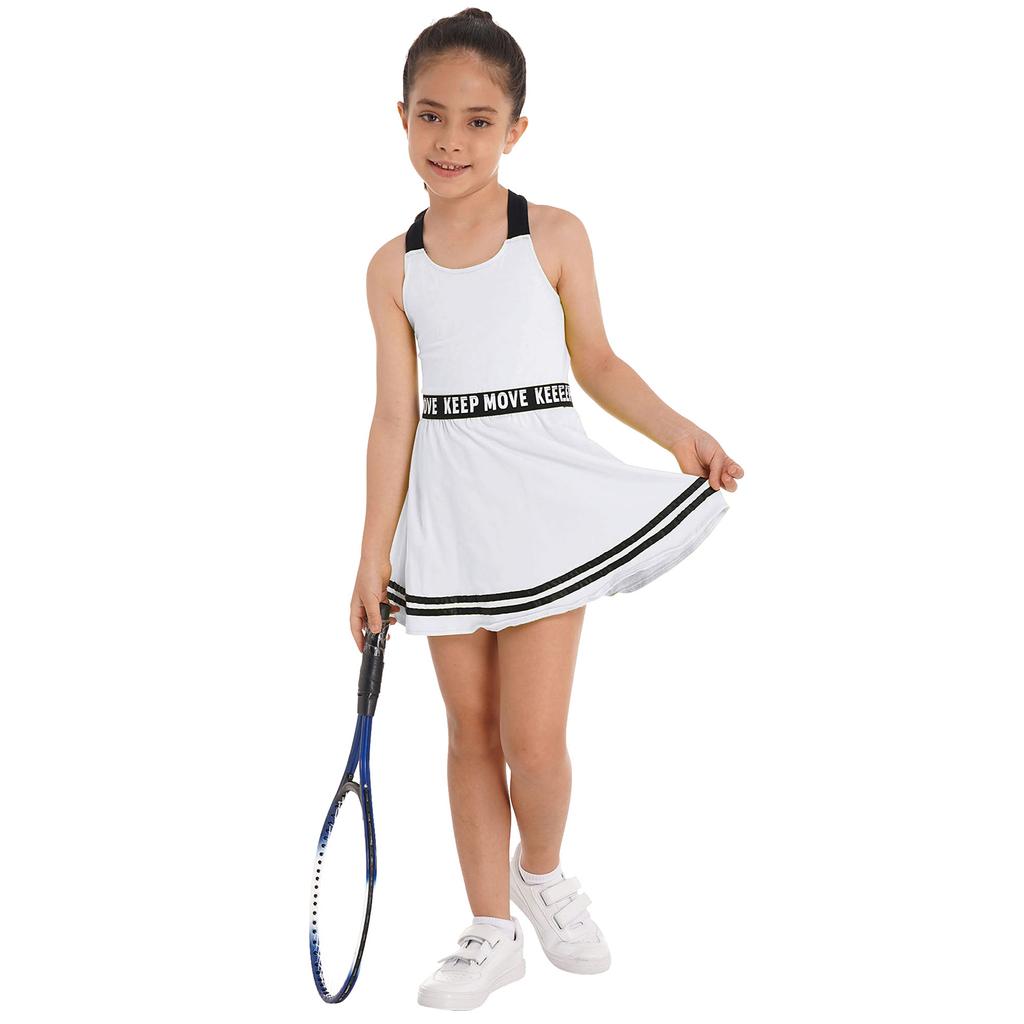 2-teiliges Sportkleid für Kinder, Mädchen, Träger, hinten überkreuzt, ärmellos, Buchstaben-Print, A-Linie, Kleid mit Shorts, Set für Fitnessstudio, Tennis
