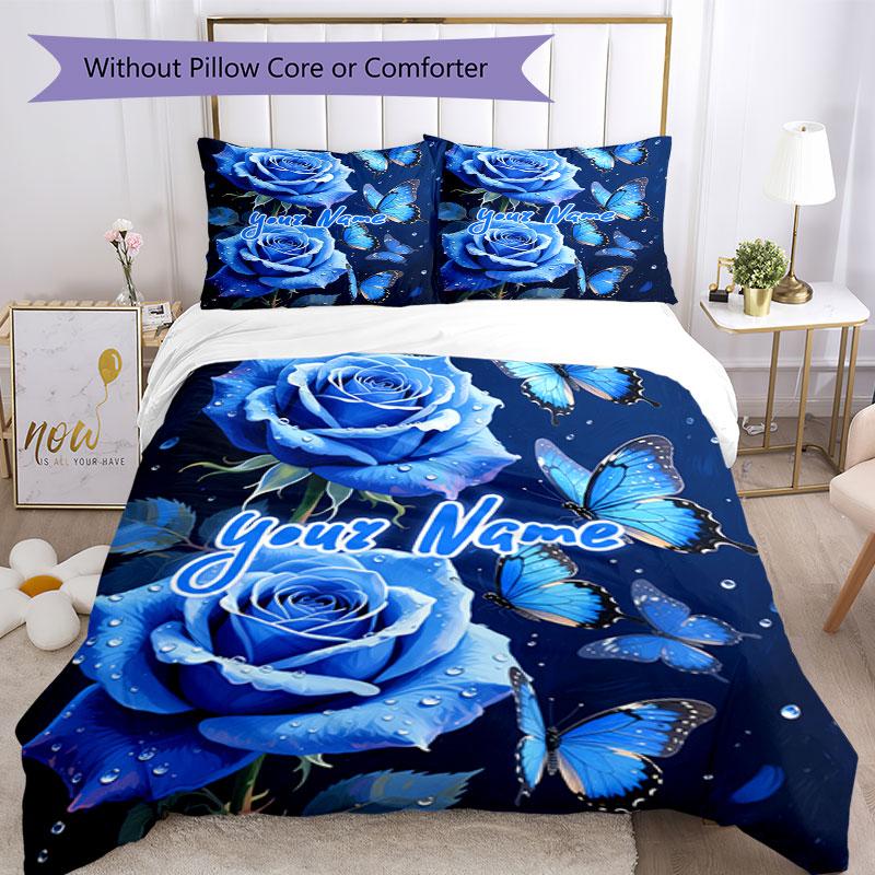 3PC Custom Name Blue Roses Butterflies Bedding Set Duvet Cover Closure Includes 1 Duvet Cover & 2 Pillowcases for Bedroom