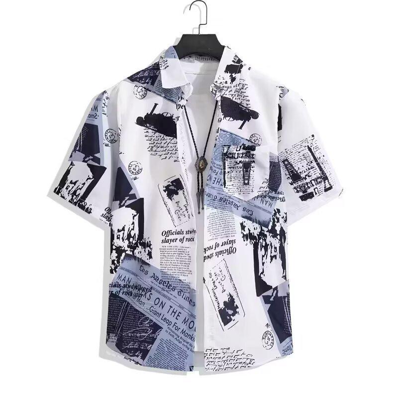Men's Summer Japanese Trend Newspaper Print Shirt & Floral Beach Shorts Set