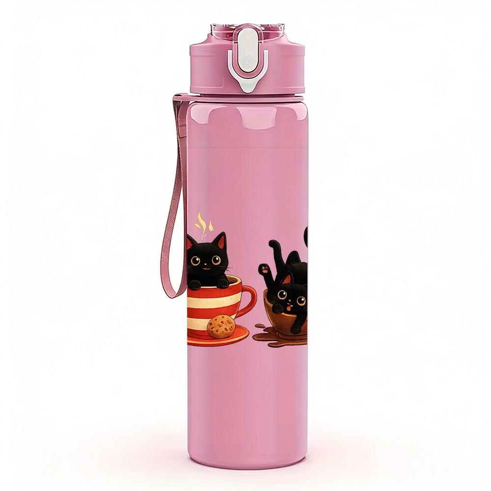 1PC Three Cats Tea Time Cartoon Print 750ml Color Plastic Sports Water Bottle Leakproof Flip Straw Lid Suitable for Sports Office Home Use