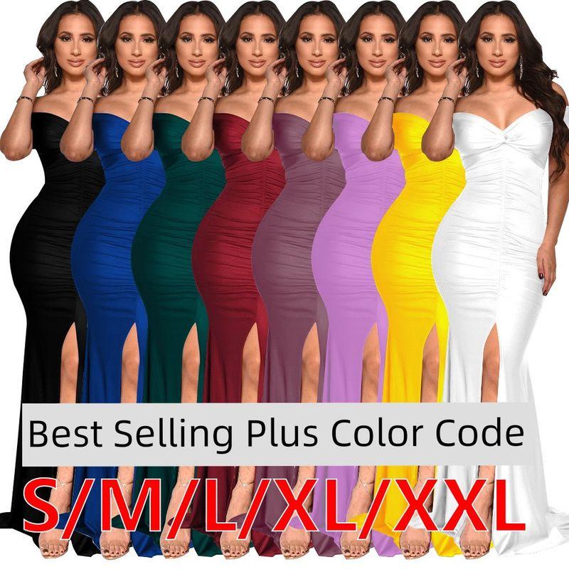 

2025V Collar Shoulder Bag Hip Dress Pleated Slit Long Skirt Yellow XXL