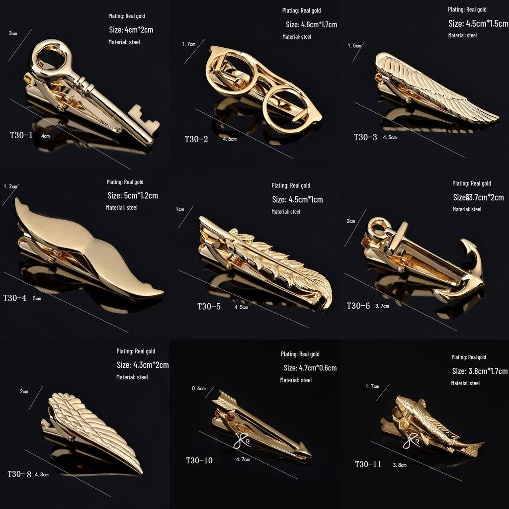 Herren Krawattennadel Kollektion: Goldene Brille, Schlüssel, Anker, Blätter, Schnurrbart, AK, Saxophon, Angelhaken, Pfeife, Kugel, Kragenclips