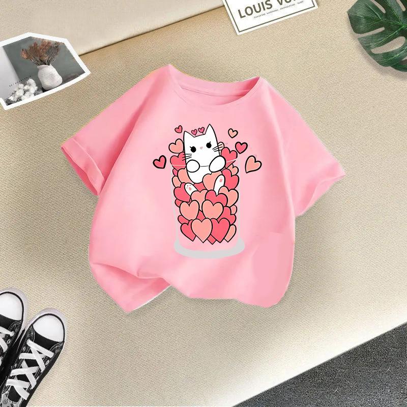 Children's Casual Short-sleeved T-shirt - Summer Girls' And Boys' Fashionable And Cute Cat T-shirt