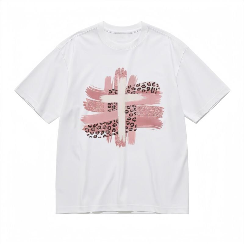 

Women s Trend Breathable Classic T-Shirt Pink Brushstroke Cross Design Tee L