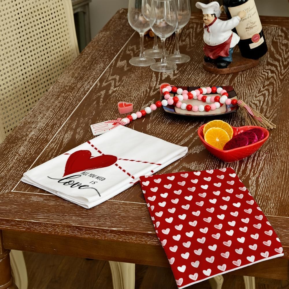 ARKENY Valentines Day Kitchen Towels Set of 2,Red Heart Love Dish Towels 18x26 Inch Drying Dishcloth,Farmhouse Home Decoration AD133