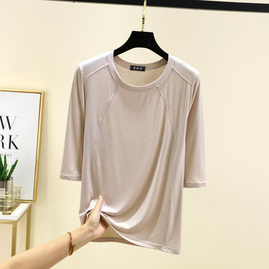 Modal Spliced O-neck T-shirt Half Sleeves Solid Color Women Base Layer Top Slimming Undershirts Basic Tee Tops All Match