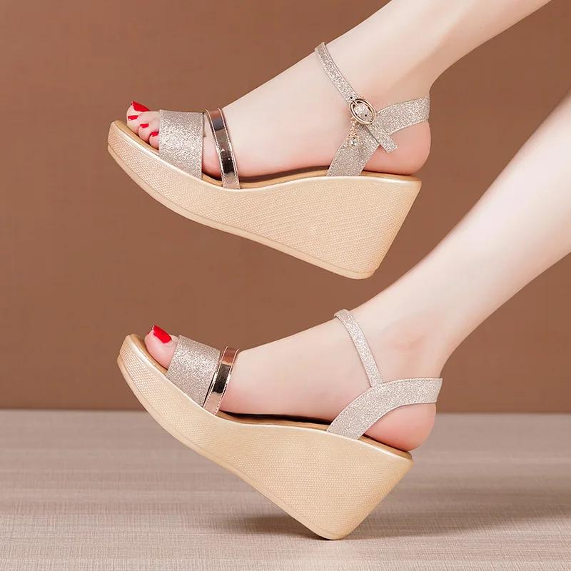 8cm Small Size 32-43 Comfortable Soft Leather Sandals Platform Shoes 2025 Womens High Heels Wedges Sandals for Office Beach Mom