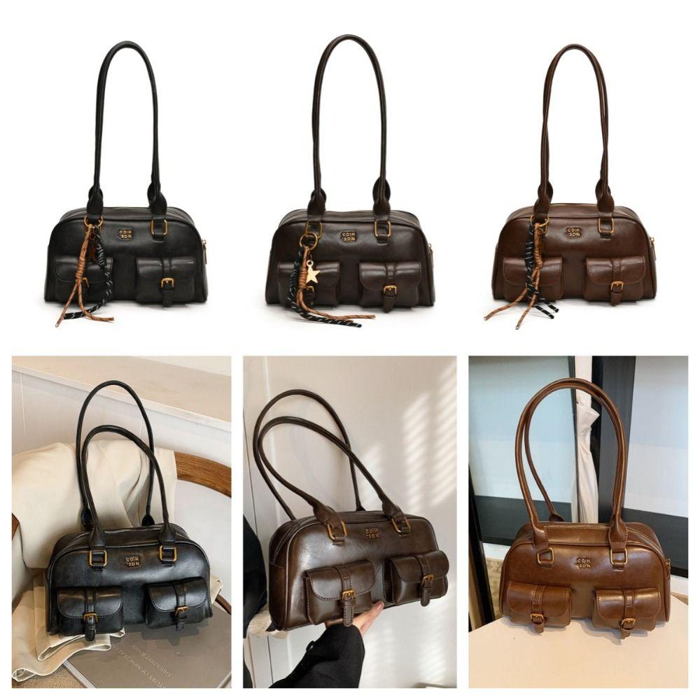 Solid Color Bowling Bag PU Leather Hobo Bag Portable Leather Shoulder Bag  Children