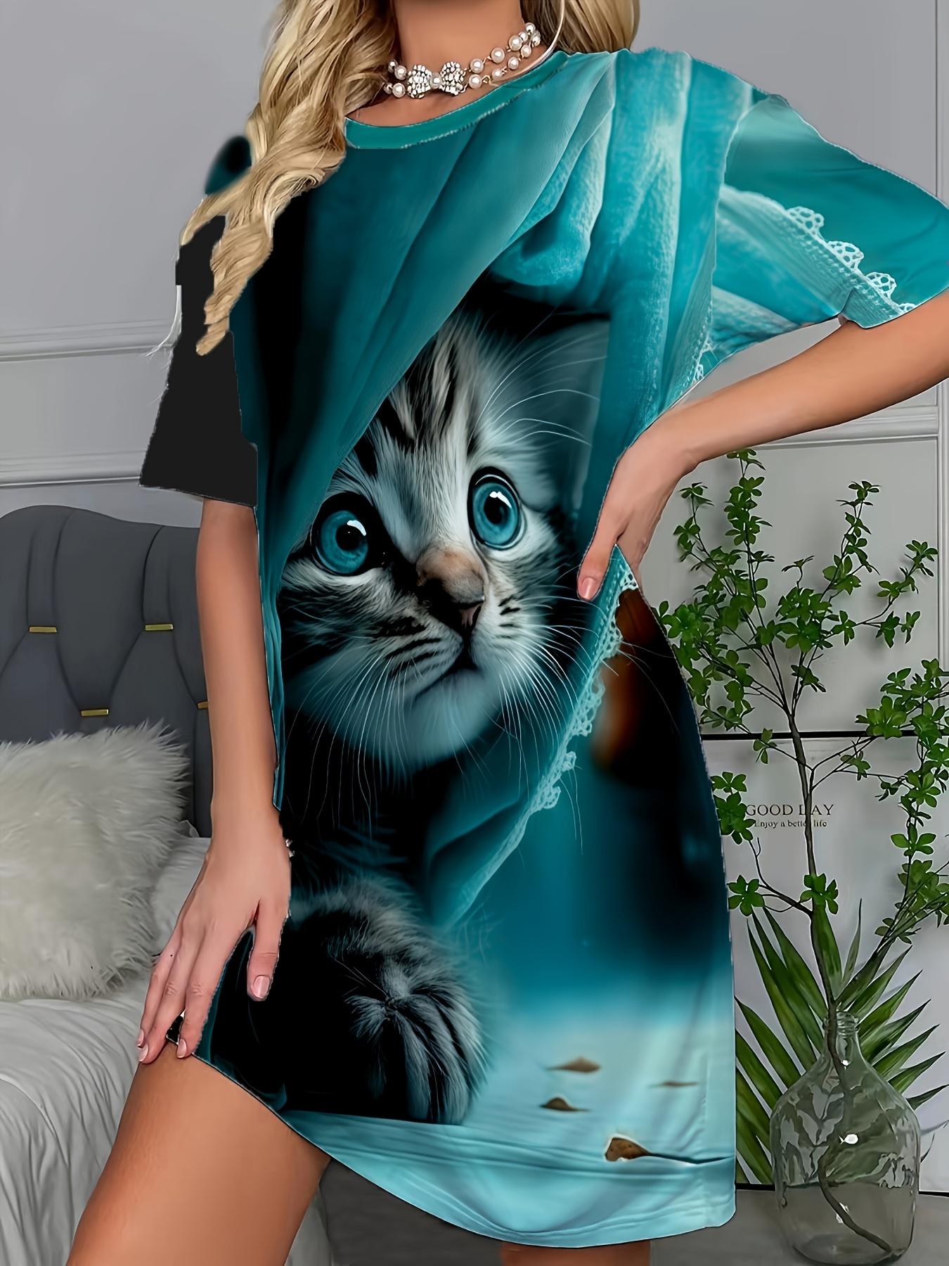 Women S Cute Cat Print Round Neck Short Sleeve Dress M дубильная кора