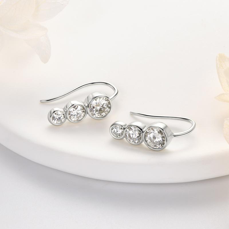 Three Stone Lab Diamond Earrings 925 Sterling Silver Climber Earring Round Bezel Moissanite Stud Earrings for Women