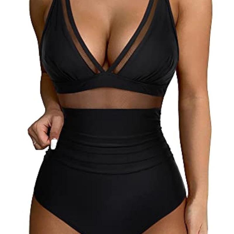 One-piece swimsuit sexy cutout mesh deep V gather perspective bikini bikini swimsuit