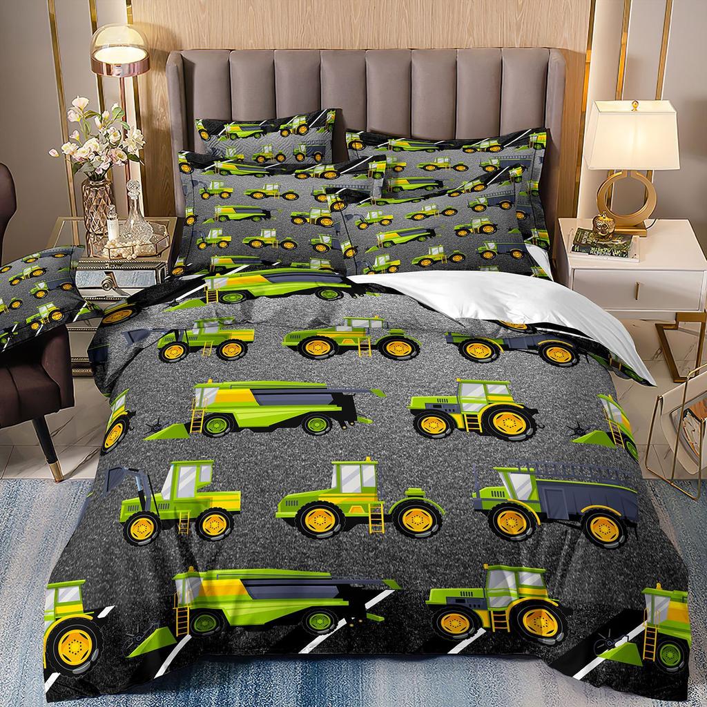 Construction Vehicle Excavator Truck Fire Truck 3D Digital Printing Bed Three-Piece Quilt Kit