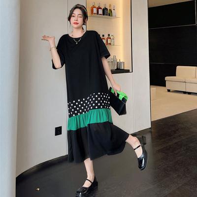 DIMANAF Summer Plus Size Fashion Women Elegant Lady Long Dress Black Polka Dots Spliced Cotton Loose Clothing