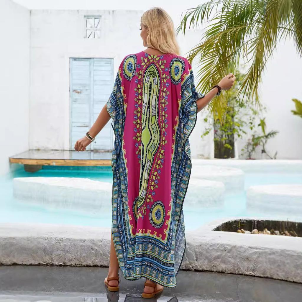 European and American Style Printed Middle Eastern Robe Beach Vacation Loose Bikini Sun Protection Cover-up