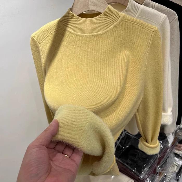 Core-spun yarn integrated fleece, autumn and winter half-height round neck fleece thickened solid color knitted sweater for women